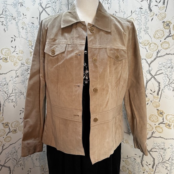 Apostrophe Suede Leather Beige Tan Jacket‎ Lightweight Genuine Leather Sz 16 VTG - Picture 1 of 6